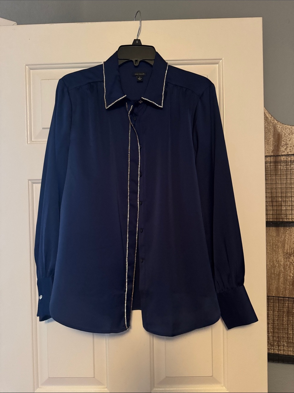 Women’s Navy Button-Up Shirt with rhinestones trim
